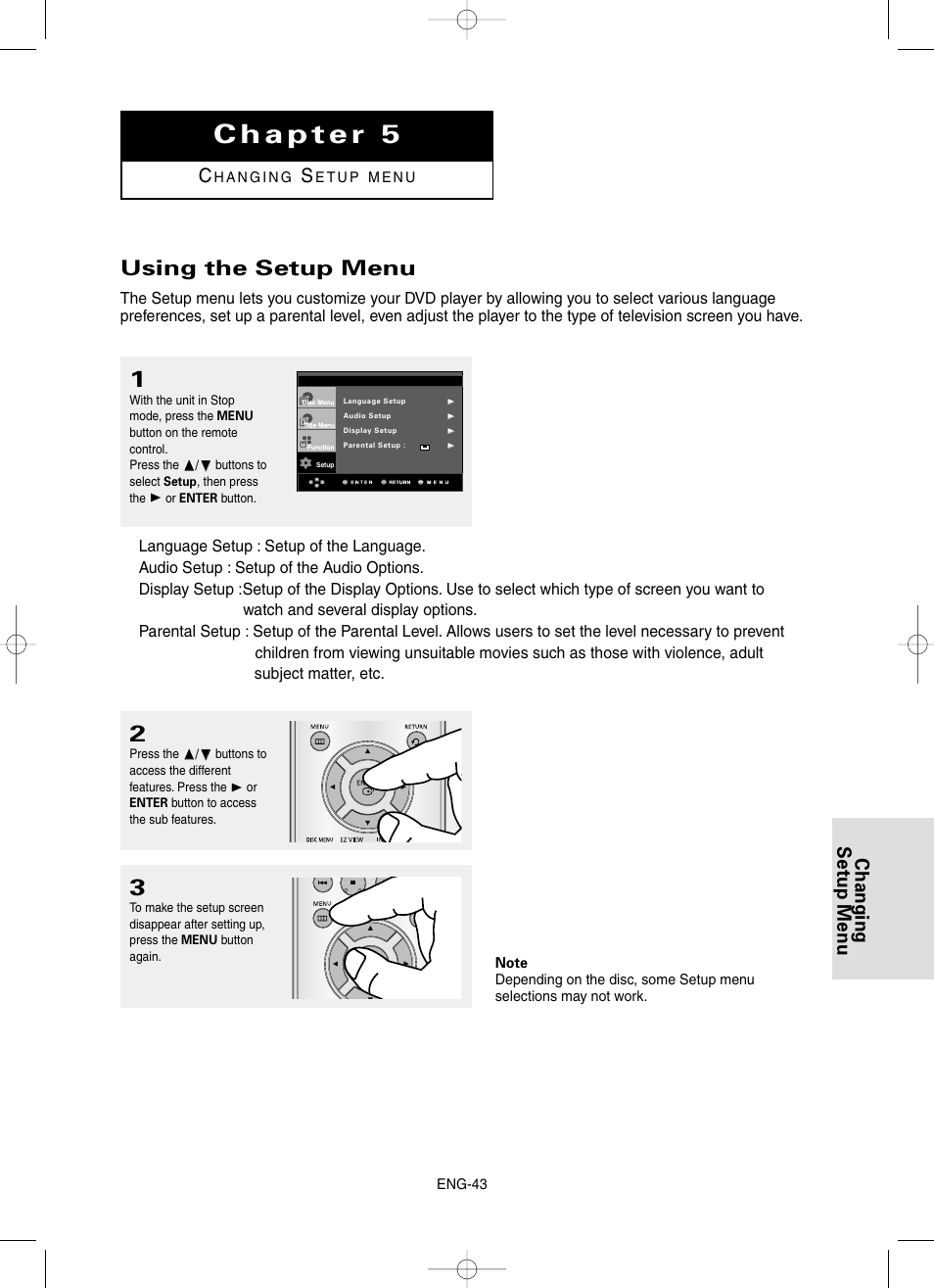 Chapter 5 changing setup menu, Using the setup menu, Changing setup menu | Samsung DVD-HD860-XAA User Manual | Page 43 / 64