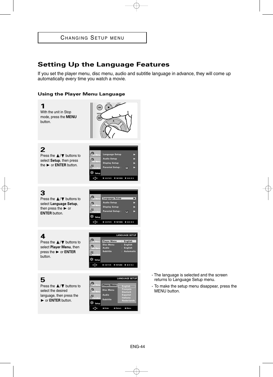 Setting up the language features, Eng-44, Using the player menu language | Samsung DVD-HD860-XAA User Manual | Page 44 / 64