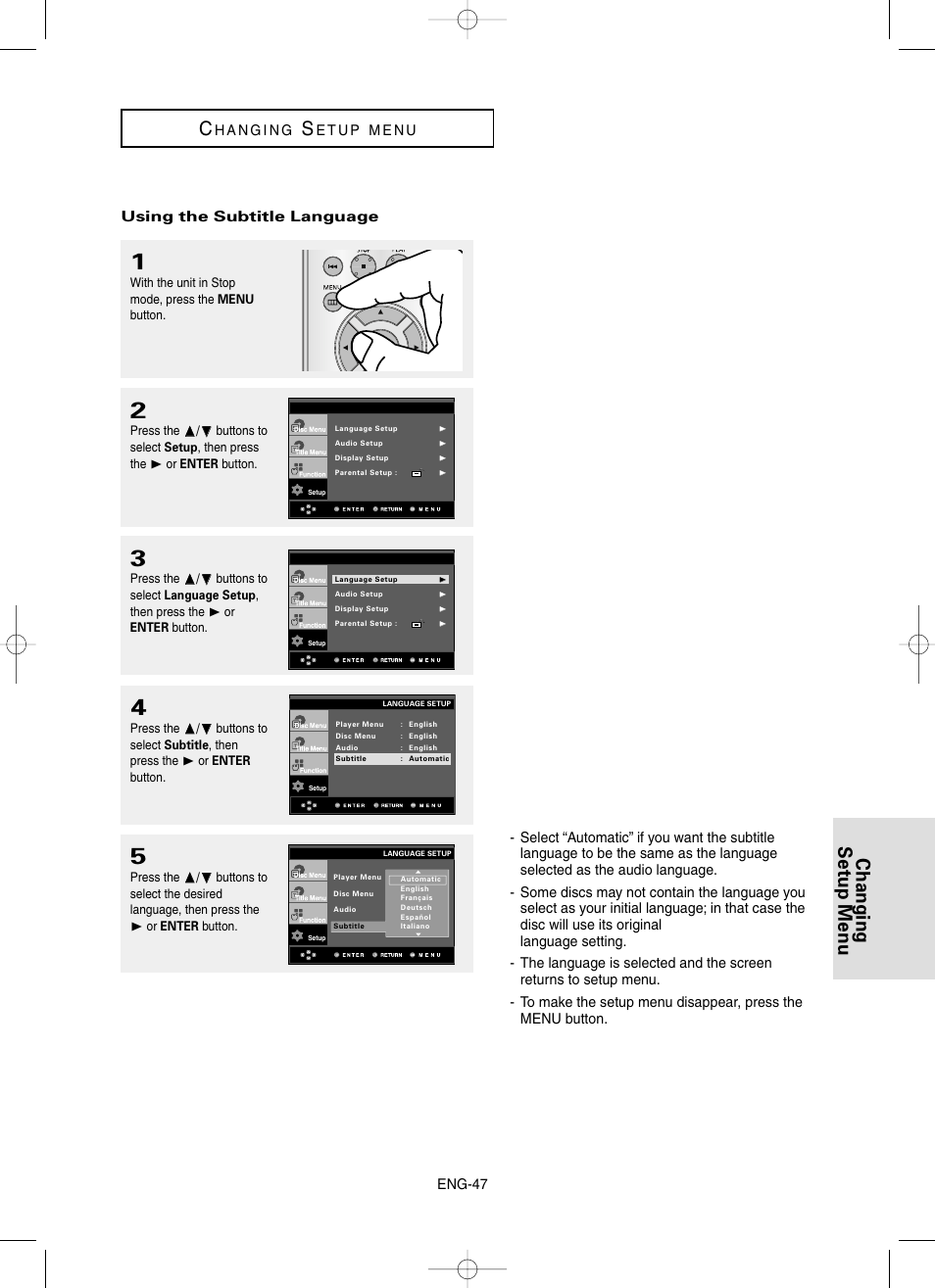Changing setup menu c, Eng-47 | Samsung DVD-HD860-XAA User Manual | Page 47 / 64