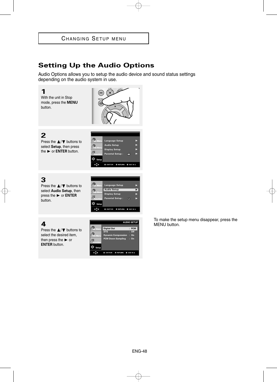 Setting up the audio options, Eng-48 | Samsung DVD-HD860-XAA User Manual | Page 48 / 64