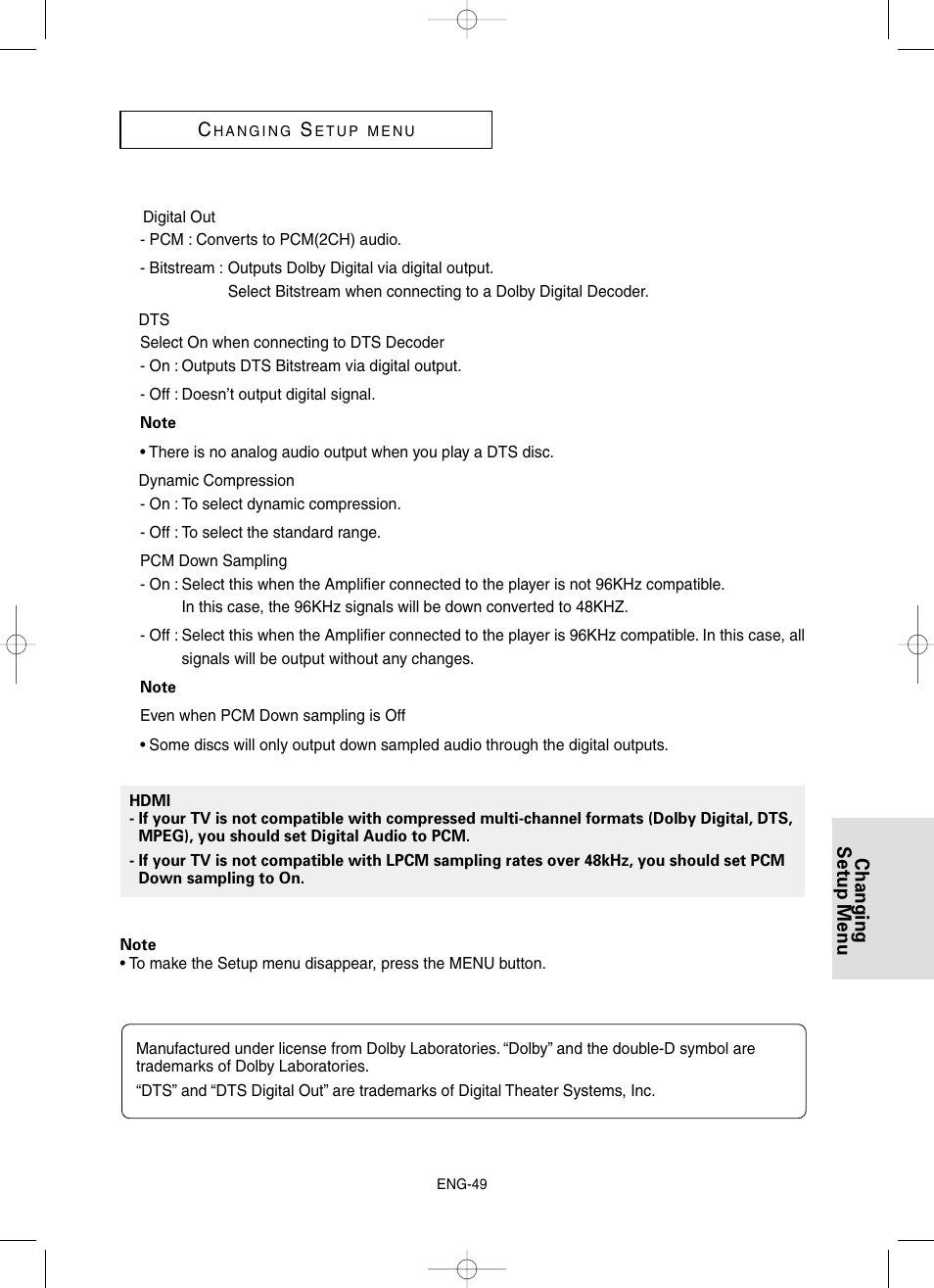 Changing setup menu c | Samsung DVD-HD860-XAA User Manual | Page 49 / 64