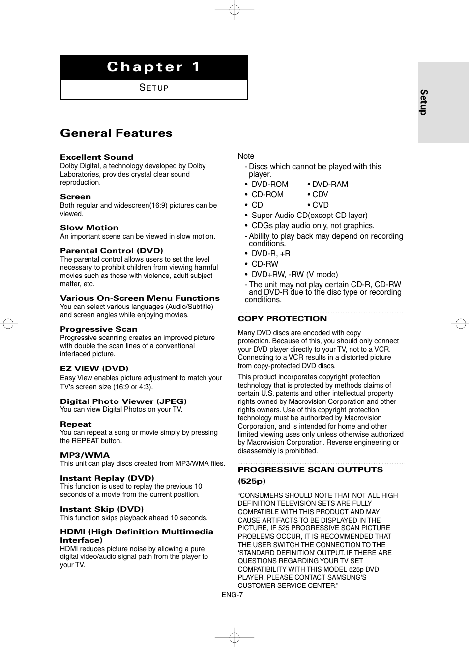 Chapter 1 setup, General features, Setup | Samsung DVD-HD860-XAA User Manual | Page 7 / 64