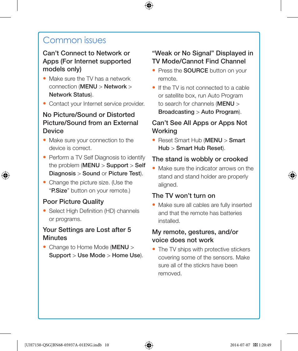 Common issues | Samsung UN55H7150AFXZA User Manual | Page 10 / 12