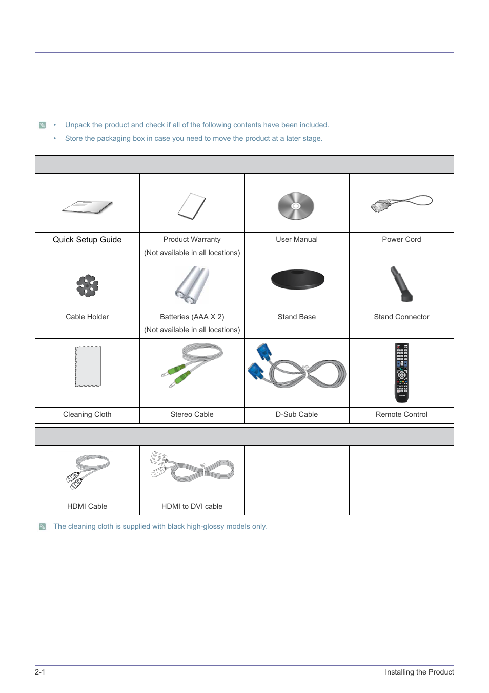 2 installing the product, 1 package contents, Installing the product | Package contents -1, 2installing the product | Samsung LS23PTNSF-ZA User Manual | Page 12 / 76