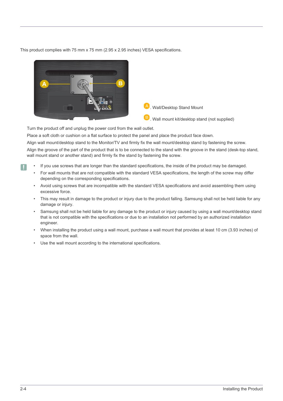 4 attaching a wall mount/desktop stand, Attaching a wall mount/desktop stand -4, Attaching a wall mount/desktop stand(not supplied) | Samsung LS23PTNSF-ZA User Manual | Page 16 / 76