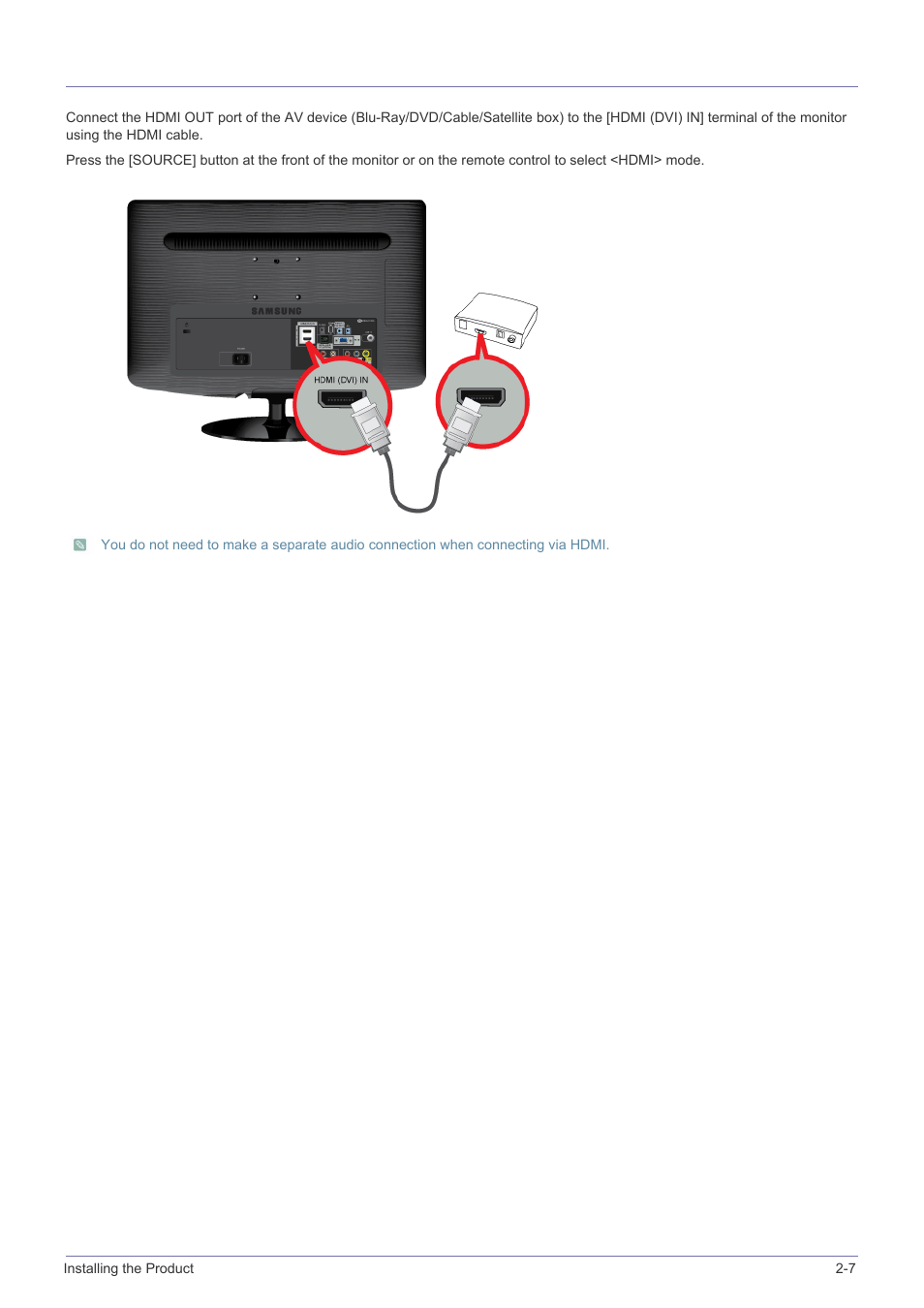 7 connecting an hdmi cable, Connecting an hdmi cable -7 | Samsung LS23PTNSF-ZA User Manual | Page 21 / 76