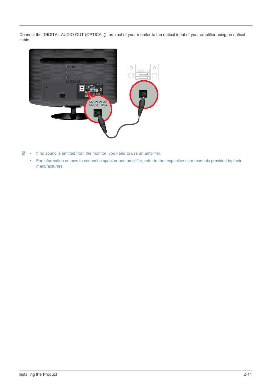 11 connecting to an amplifier, Connecting to an amplifier -11 | Samsung LS23PTNSF-ZA User Manual | Page 25 / 76
