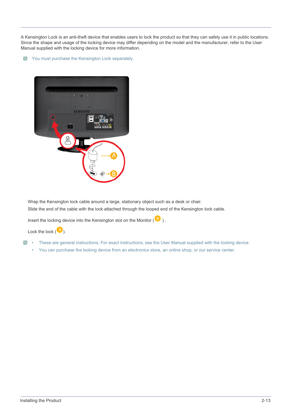 13 kensington lock, Kensington lock -13 | Samsung LS23PTNSF-ZA User Manual | Page 27 / 76