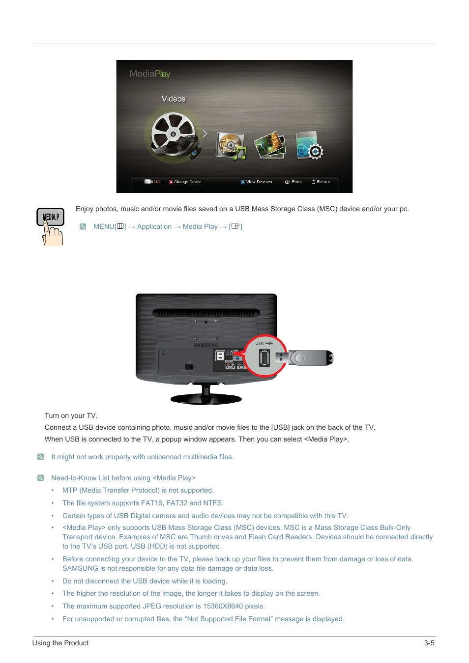 5 media play, Media play -5, Connecting a usb device | Samsung LS23PTNSF-ZA User Manual | Page 53 / 76