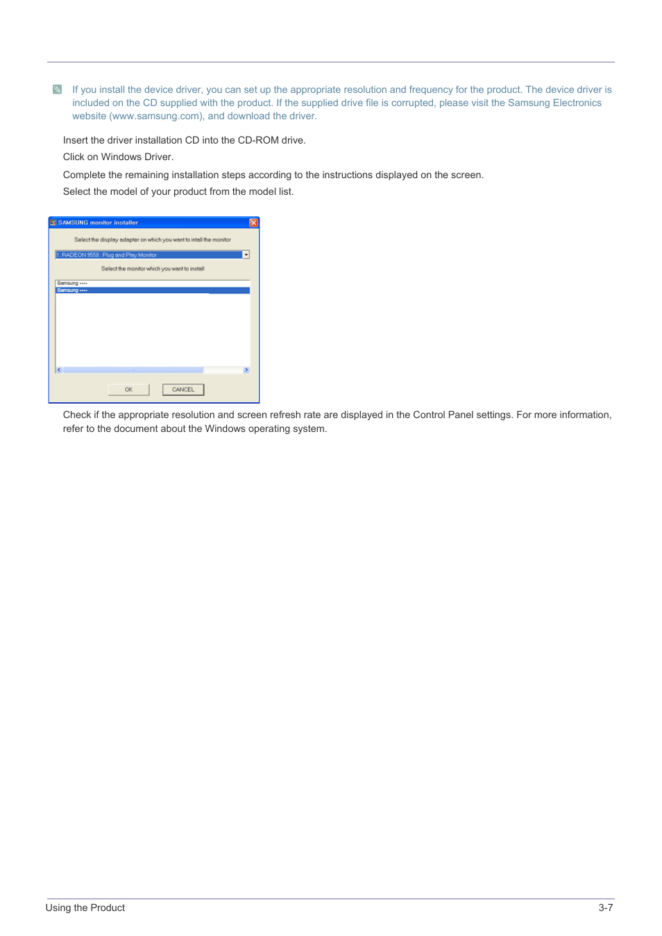 7 installing the device driver, Installing the device driver -7 | Samsung LS23PTNSF-ZA User Manual | Page 65 / 76
