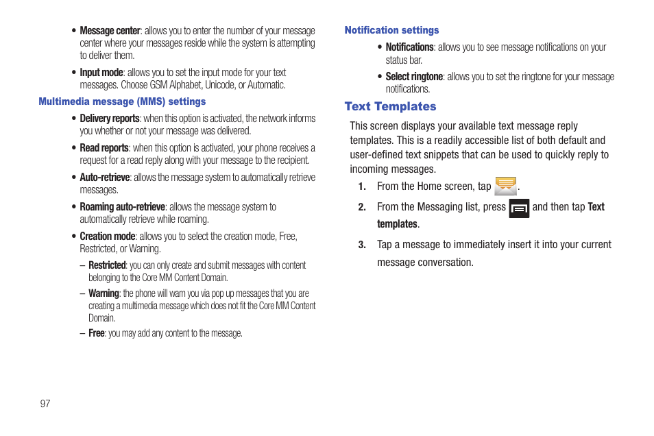 Text templates | Samsung SGH-T959HAVTMB User Manual | Page 102 / 248