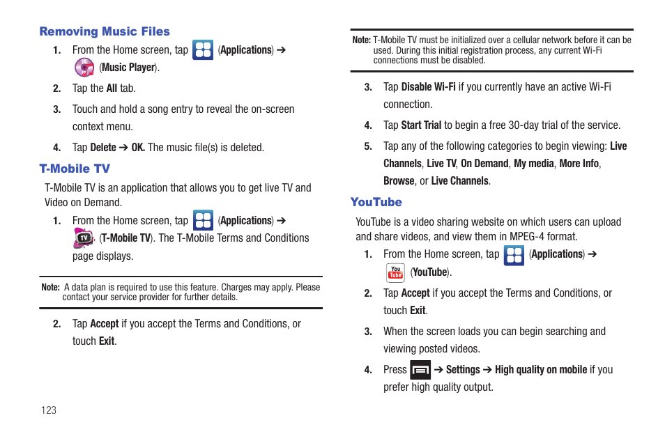 Removing music files, T-mobile tv, Youtube | Removing music files t-mobile tv youtube | Samsung SGH-T959HAVTMB User Manual | Page 128 / 248