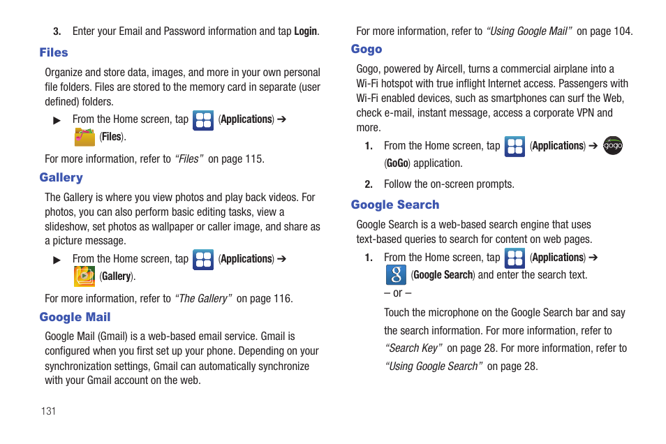 Files, Gallery, Google mail | Gogo, Google search, Files gallery google mail gogo google search | Samsung SGH-T959HAVTMB User Manual | Page 136 / 248