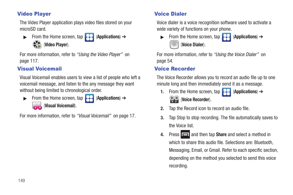 Video player, Visual voicemail, Voice dialer | Voice recorder | Samsung SGH-T959HAVTMB User Manual | Page 154 / 248