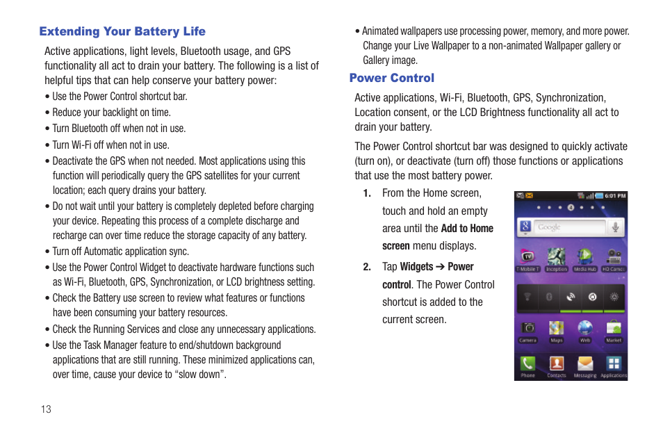 Extending your battery life, Power control, Extending your battery life power control | Samsung SGH-T959HAVTMB User Manual | Page 18 / 248