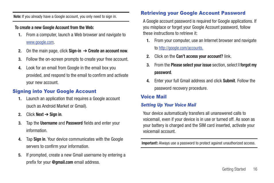 Signing into your google account, Retrieving your google account password, Voice mail | Samsung SGH-T959HAVTMB User Manual | Page 21 / 248