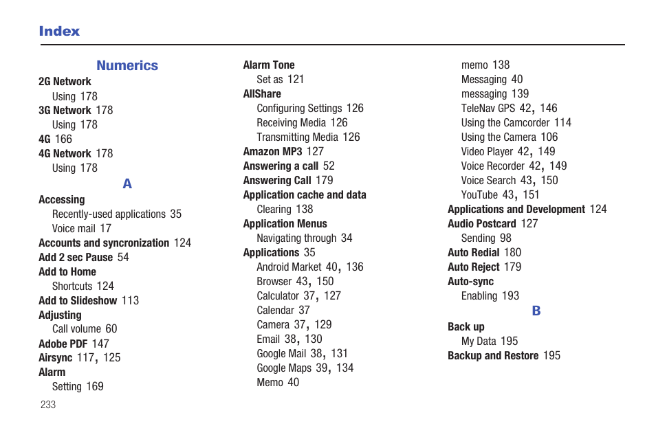 Index | Samsung SGH-T959HAVTMB User Manual | Page 238 / 248