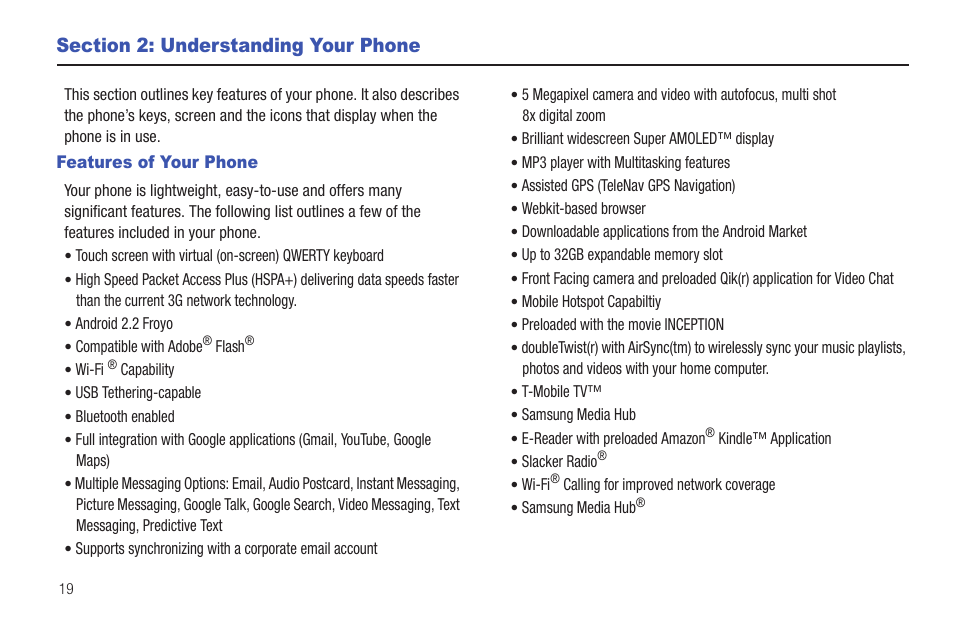 Section 2: understanding your phone, Features of your phone | Samsung SGH-T959HAVTMB User Manual | Page 24 / 248