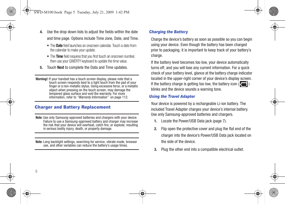 Charger and battery replacement | Samsung SWD-M100ZKECLW User Manual | Page 10 / 130
