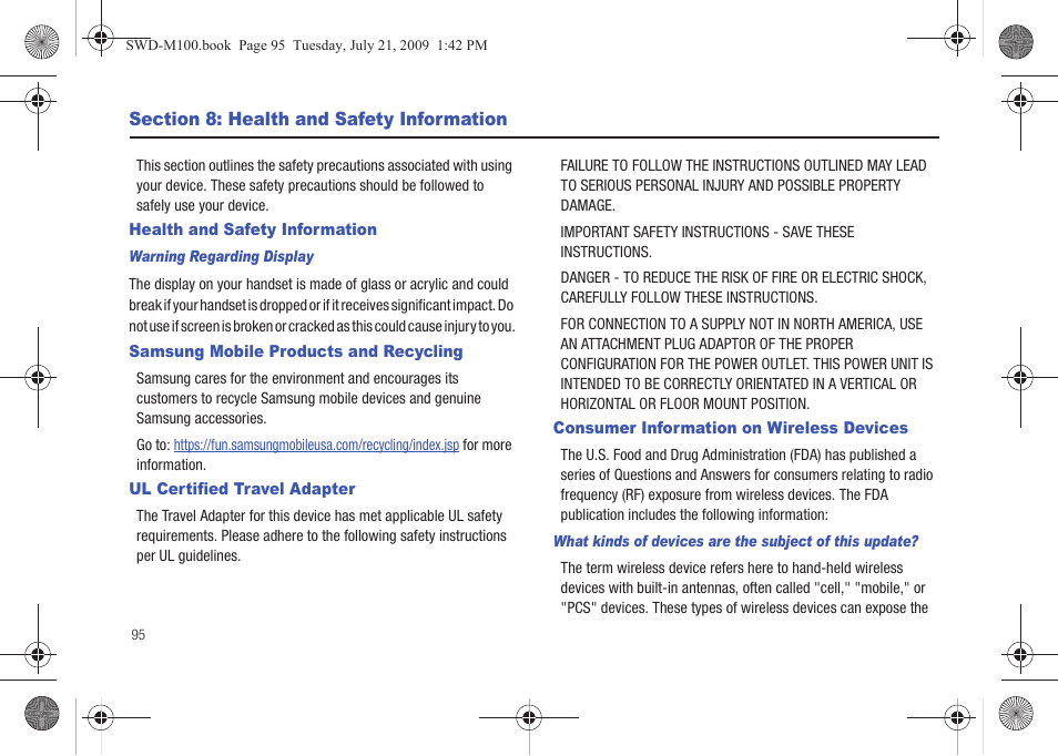 Section 8: health and safety information, Health and safety information, Samsung mobile products and recycling | Ul certified travel adapter, Consumer information on wireless devices | Samsung SWD-M100ZKECLW User Manual | Page 100 / 130