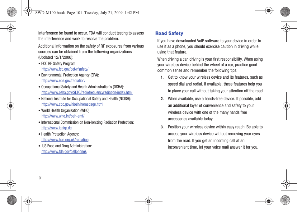 Road safety | Samsung SWD-M100ZKECLW User Manual | Page 106 / 130