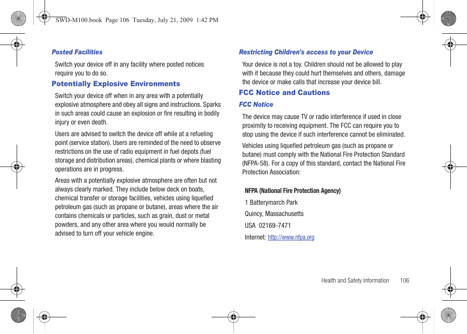 Potentially explosive environments, Fcc notice and cautions | Samsung SWD-M100ZKECLW User Manual | Page 111 / 130