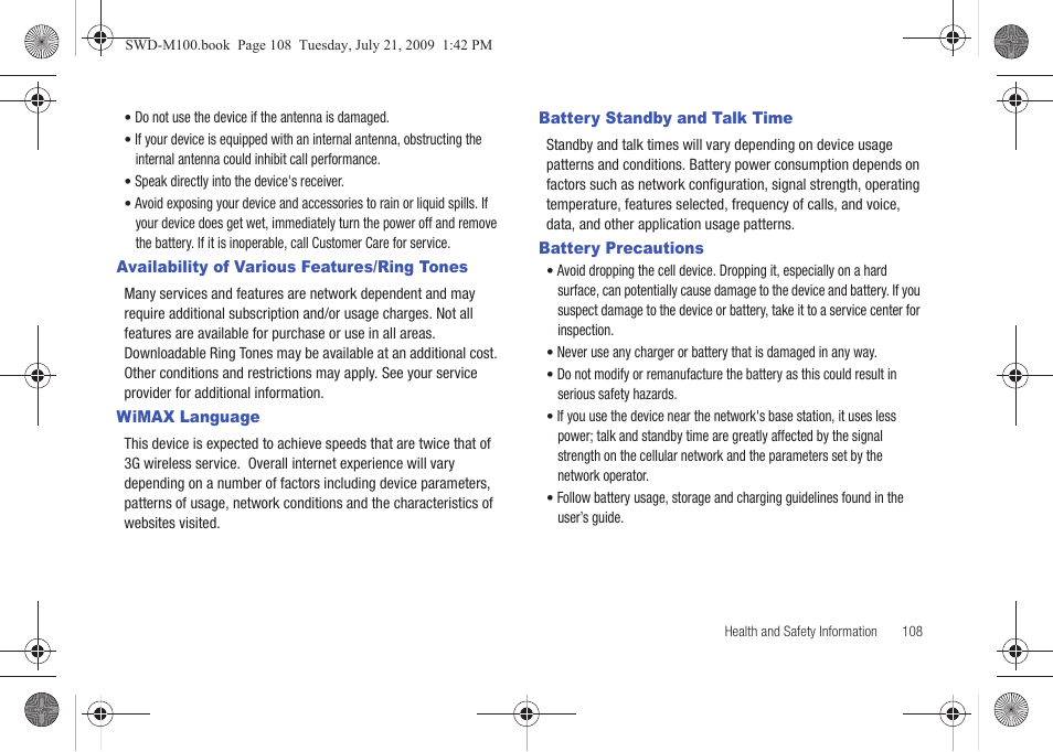 Availability of various features/ring tones, Wimax language, Battery standby and talk time | Battery precautions | Samsung SWD-M100ZKECLW User Manual | Page 113 / 130