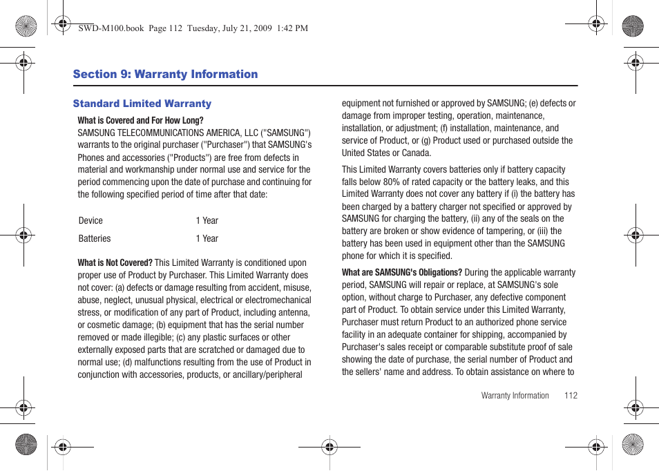 Section 9: warranty information, Standard limited warranty | Samsung SWD-M100ZKECLW User Manual | Page 117 / 130