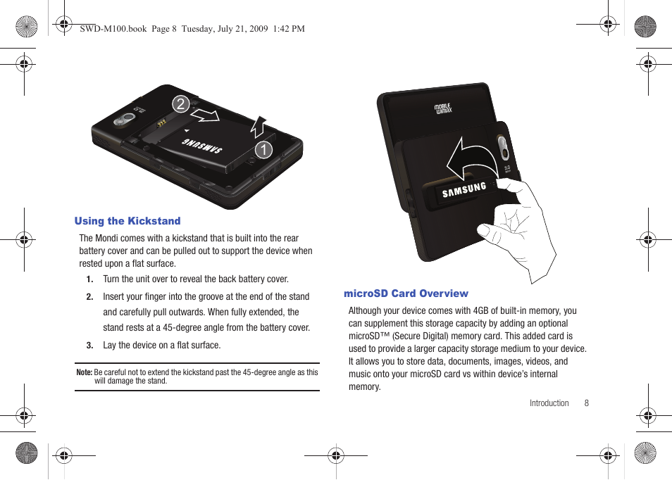 Using the kickstand, Microsd card overview, Using the kickstand microsd card overview | Samsung SWD-M100ZKECLW User Manual | Page 13 / 130