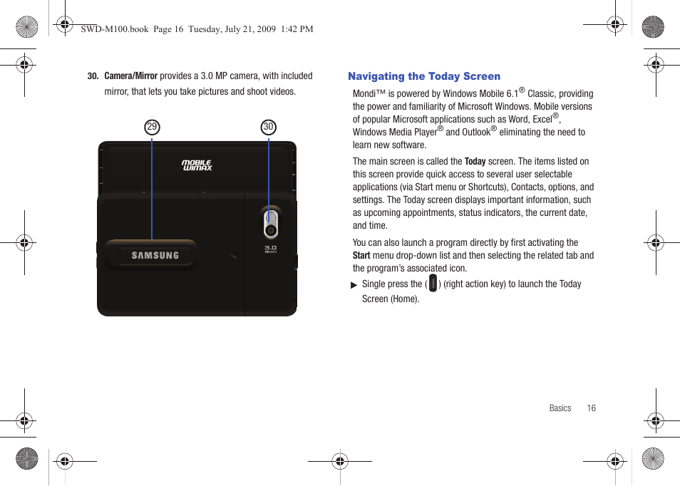 Navigating the today screen | Samsung SWD-M100ZKECLW User Manual | Page 21 / 130
