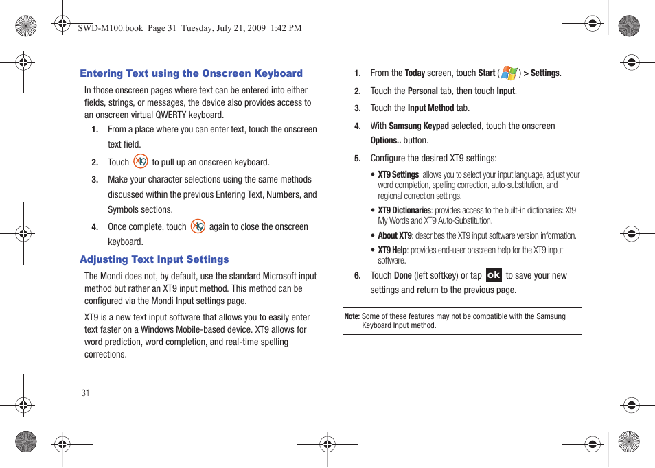 Entering text using the onscreen keyboard, Adjusting text input settings | Samsung SWD-M100ZKECLW User Manual | Page 36 / 130
