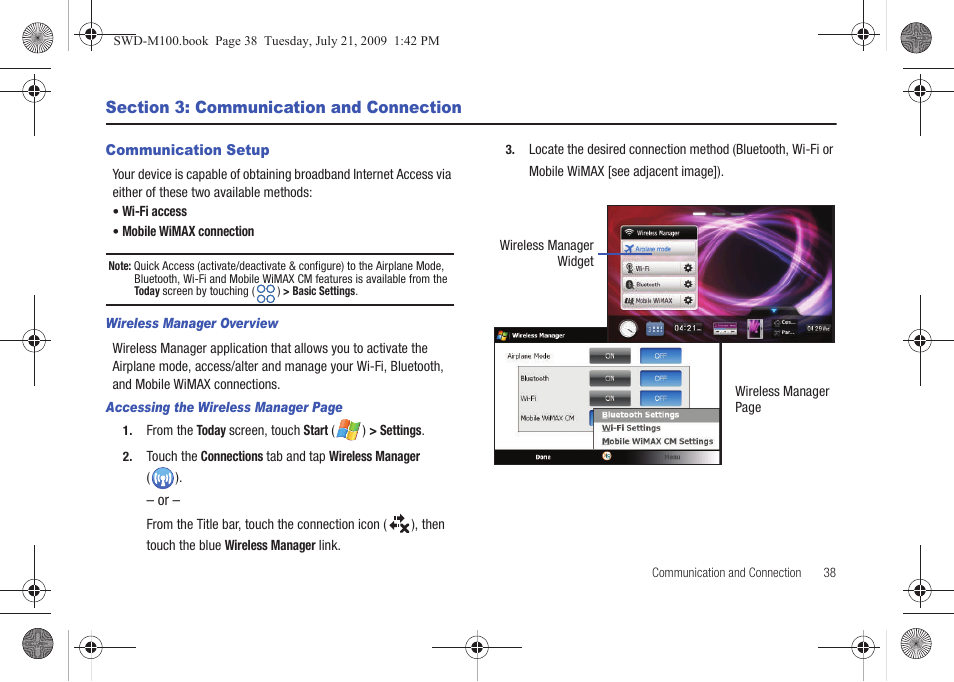 Section 3: communication and connection, Communication setup | Samsung SWD-M100ZKECLW User Manual | Page 43 / 130