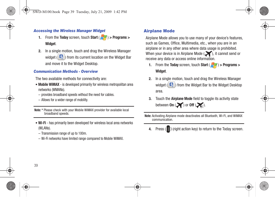 Airplane mode | Samsung SWD-M100ZKECLW User Manual | Page 44 / 130