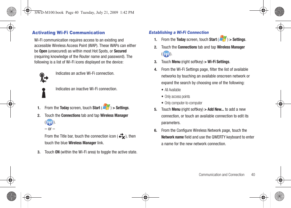 Activating wi-fi communication | Samsung SWD-M100ZKECLW User Manual | Page 45 / 130