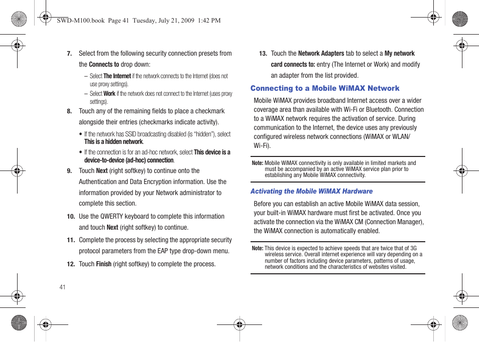 Connecting to a mobile wimax network | Samsung SWD-M100ZKECLW User Manual | Page 46 / 130