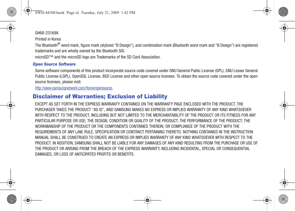 Disclaimer of warranties; exclusion of liability | Samsung SWD-M100ZKECLW User Manual | Page 5 / 130