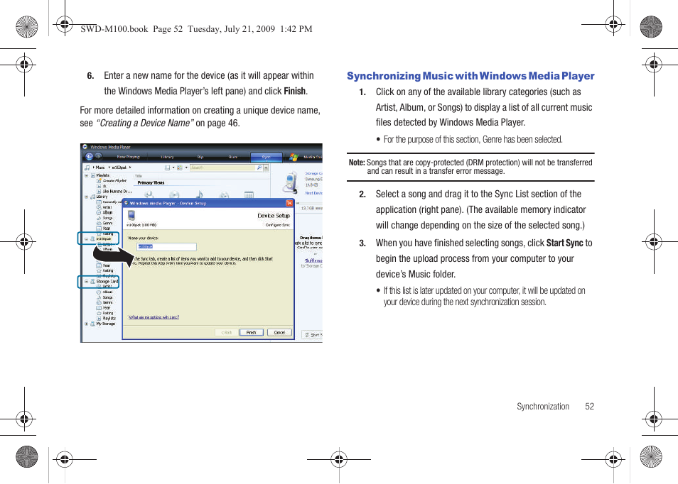 Synchronizing music with windows media player | Samsung SWD-M100ZKECLW User Manual | Page 57 / 130