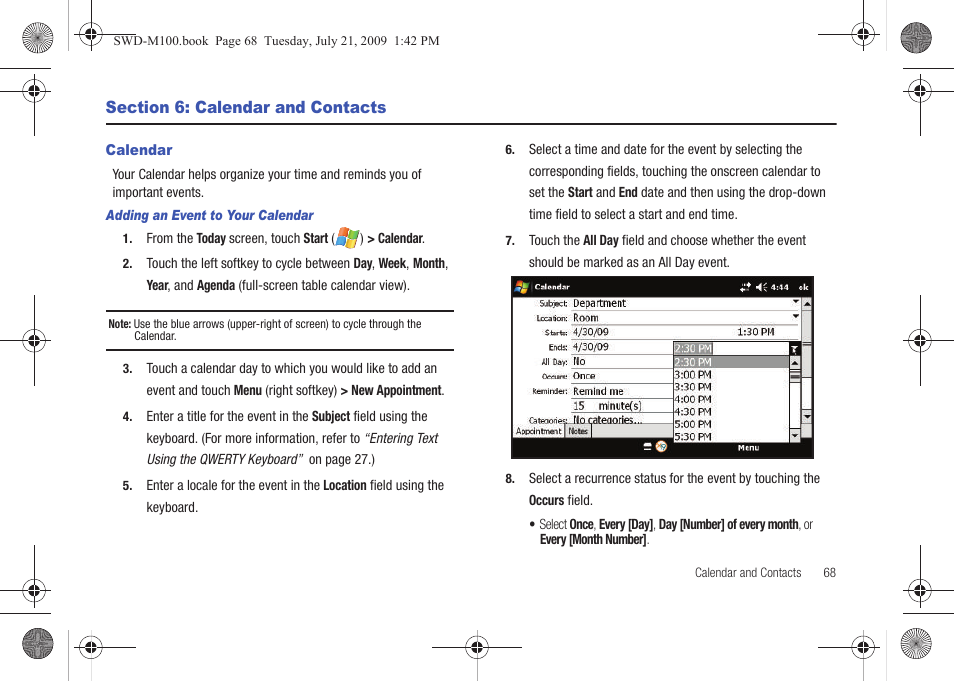 Section 6: calendar and contacts, Calendar | Samsung SWD-M100ZKECLW User Manual | Page 73 / 130