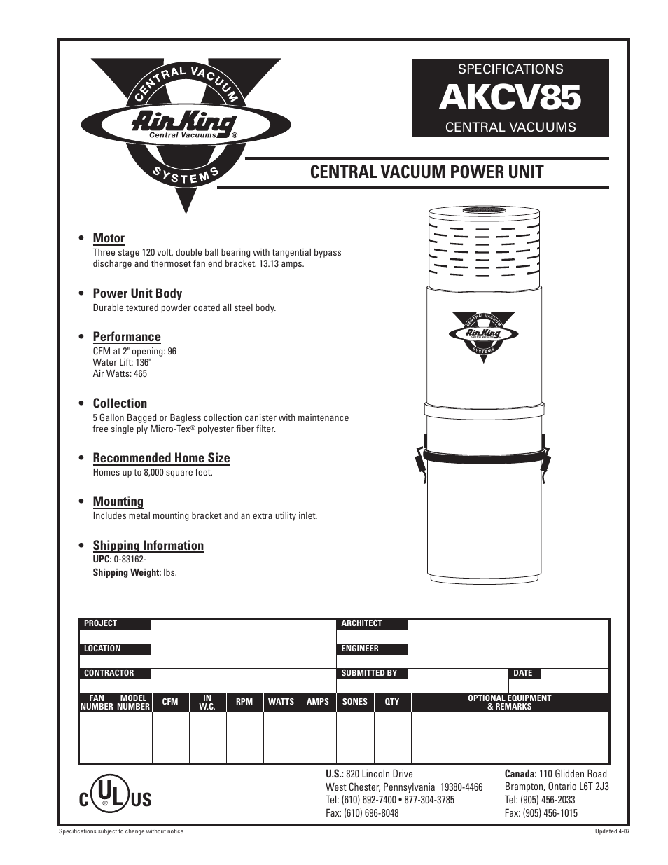 Air King AKCV85 User Manual | 1 page