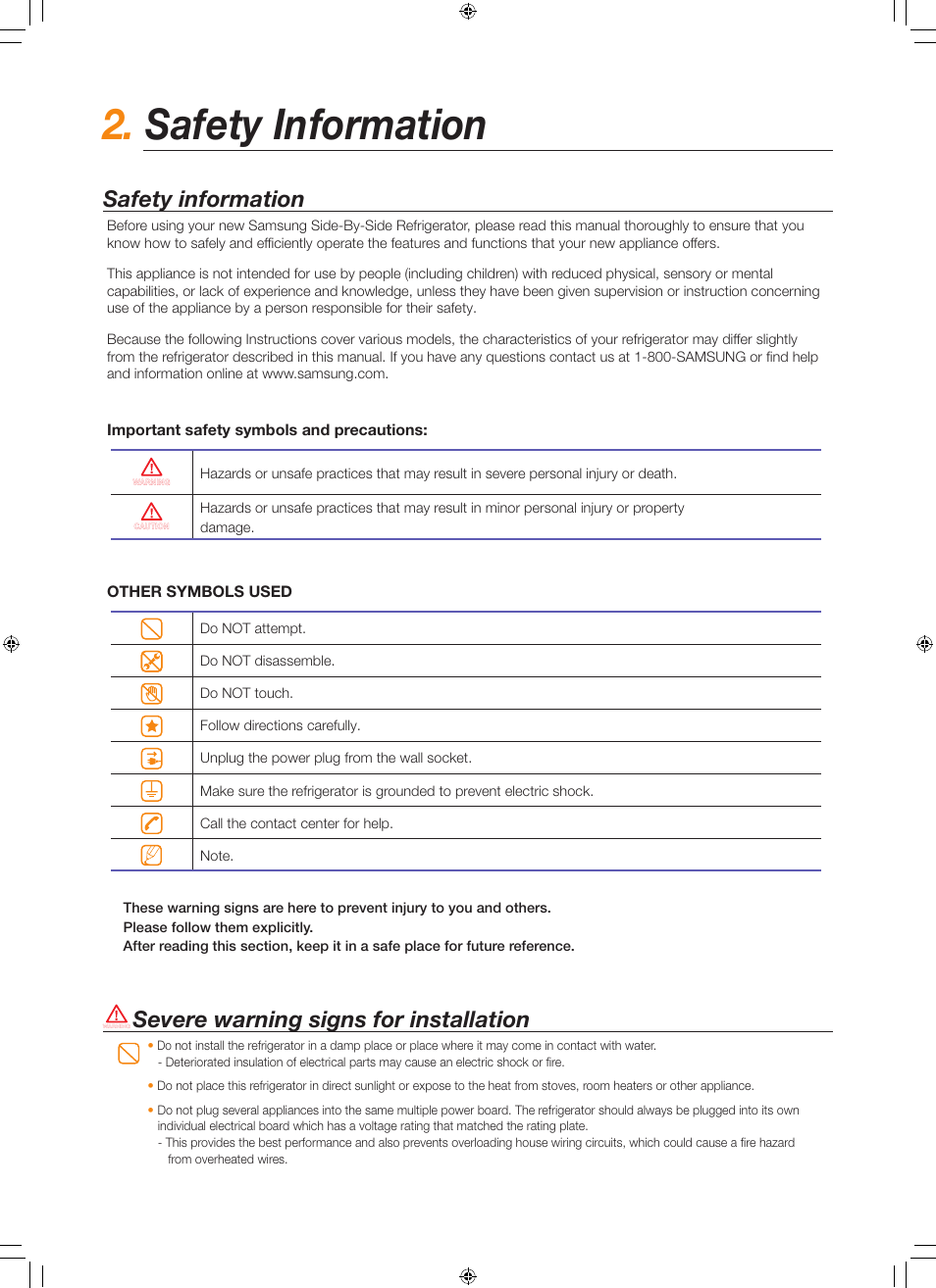 Safety information, Severe warning signs for installation | Samsung RS267TDBP-XAA User Manual | Page 2 / 10