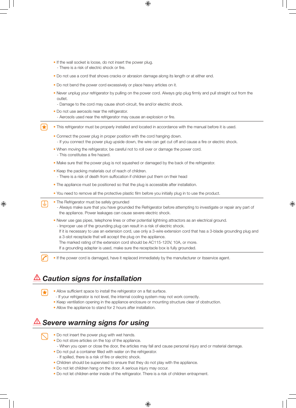 Caution signs for installation, Severe warning signs for using | Samsung RS267TDBP-XAA User Manual | Page 3 / 10