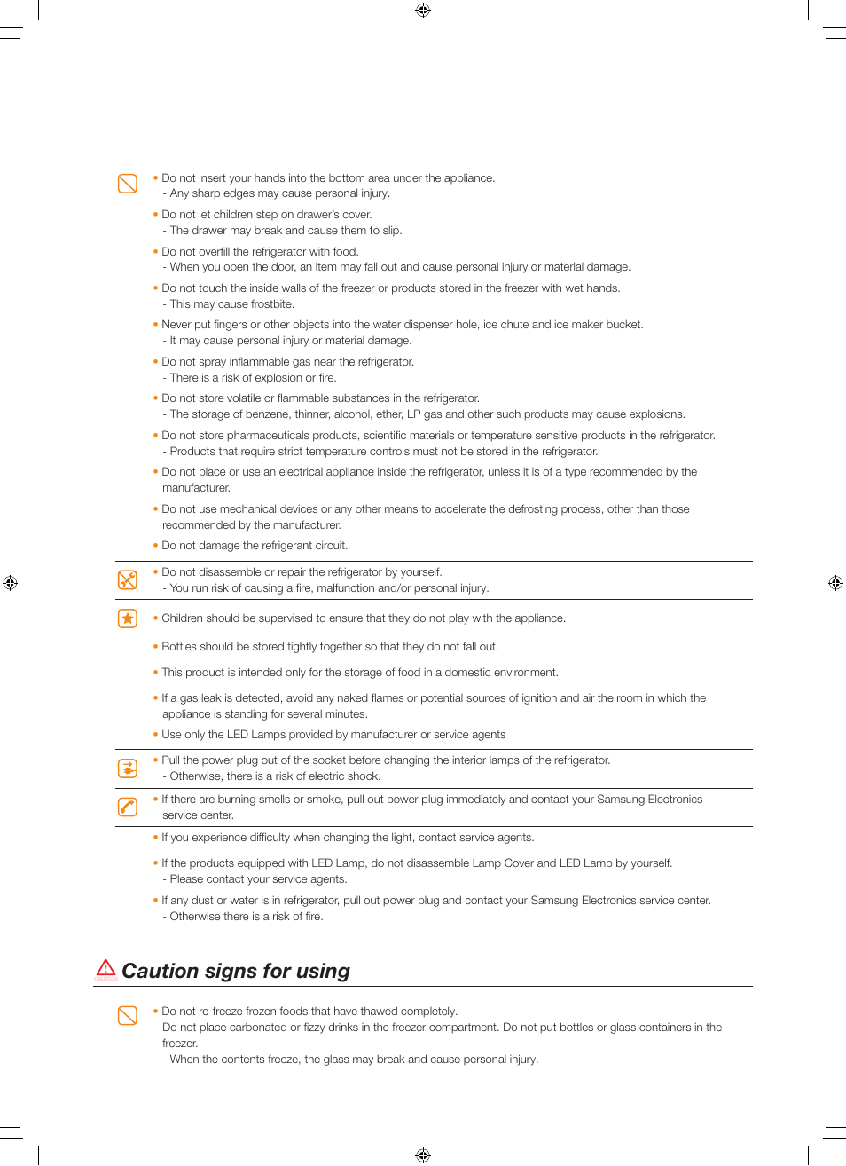 Caution signs for using | Samsung RS267TDBP-XAA User Manual | Page 4 / 10