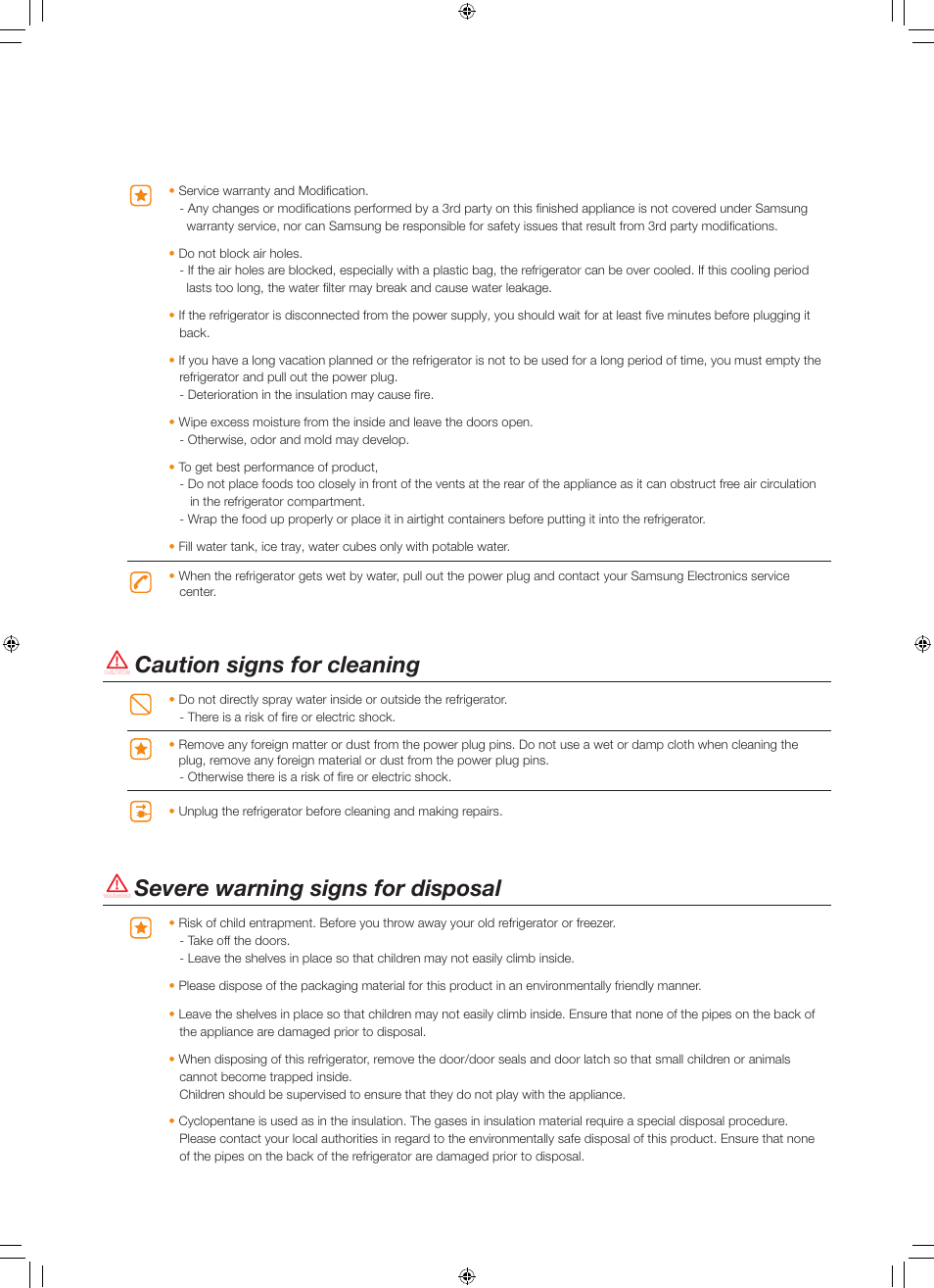 Severe warning signs for disposal, Caution signs for cleaning | Samsung RS267TDBP-XAA User Manual | Page 5 / 10