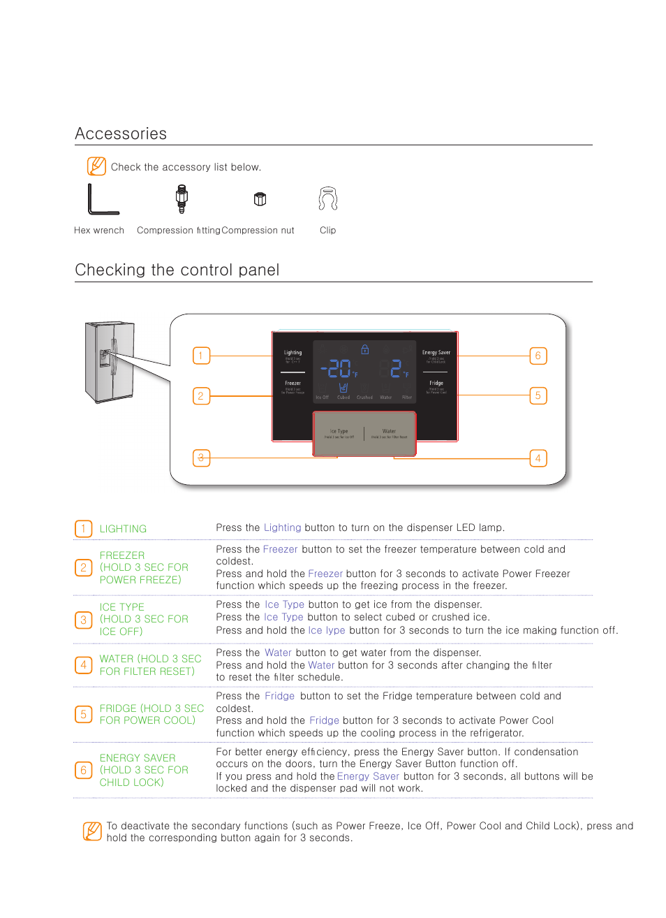 Accessories checking the control panel | Samsung RS267TDBP-XAA User Manual | Page 7 / 10