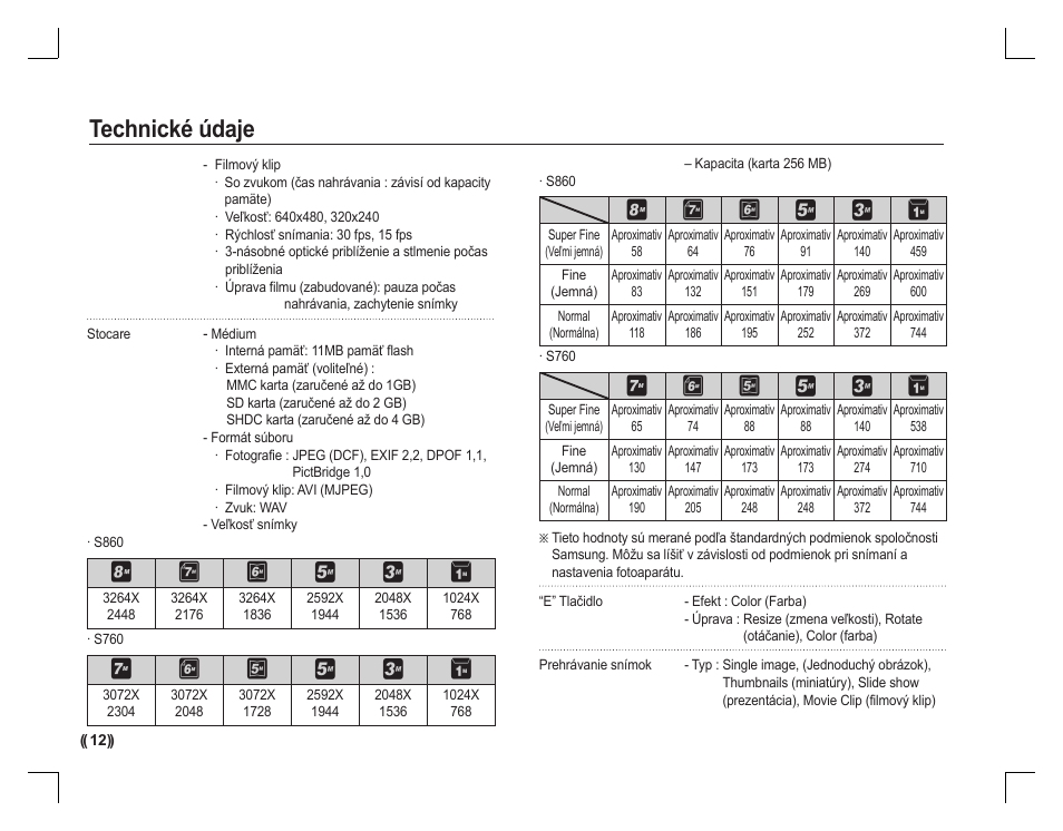 Technické údaje | Samsung EC-S760ZBBA-US User Manual | Page 109 / 162