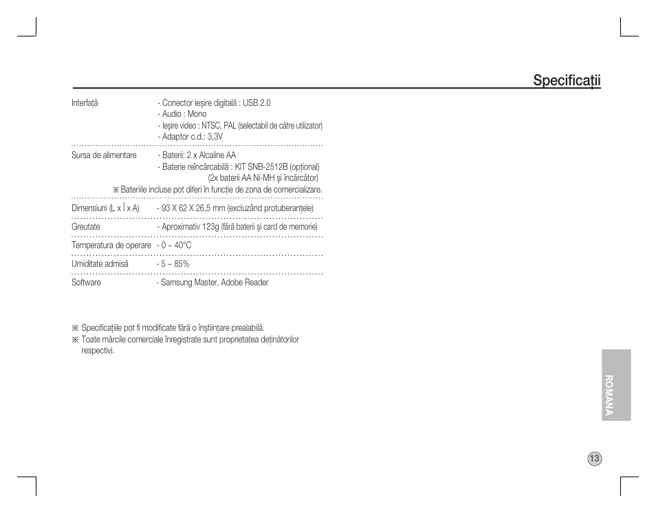 Speciﬁ caţii | Samsung EC-S760ZBBA-US User Manual | Page 142 / 162