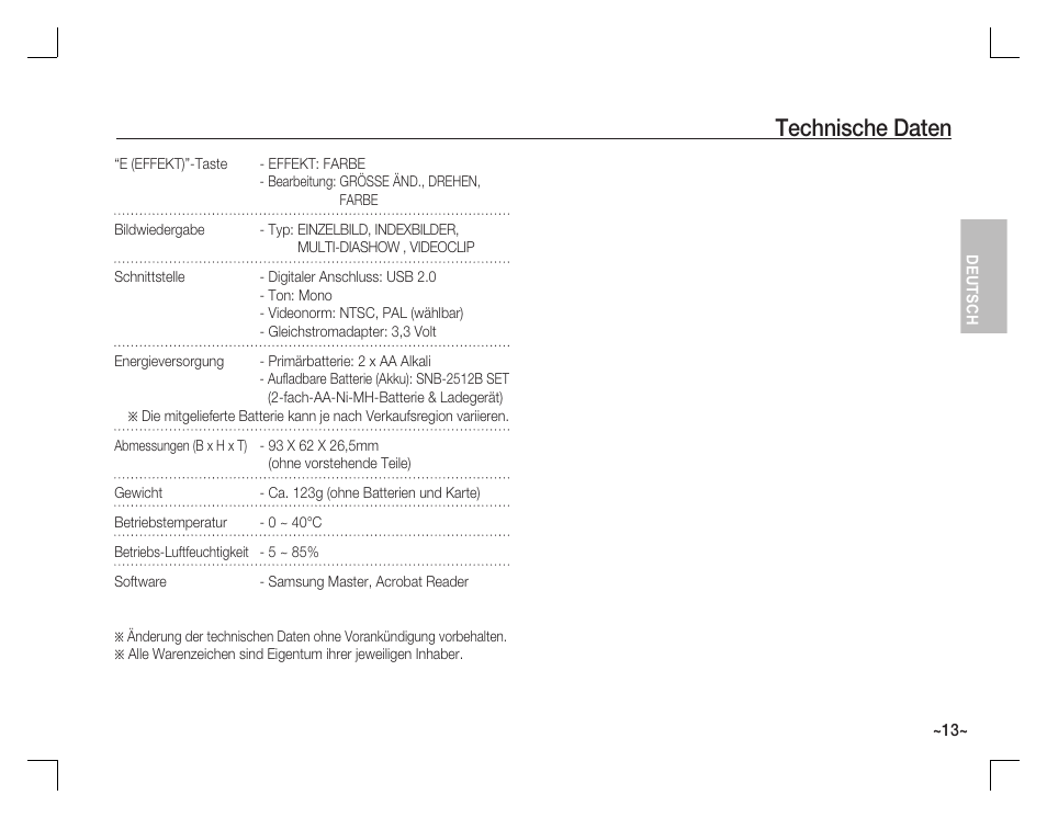 Technische daten | Samsung EC-S760ZBBA-US User Manual | Page 30 / 162