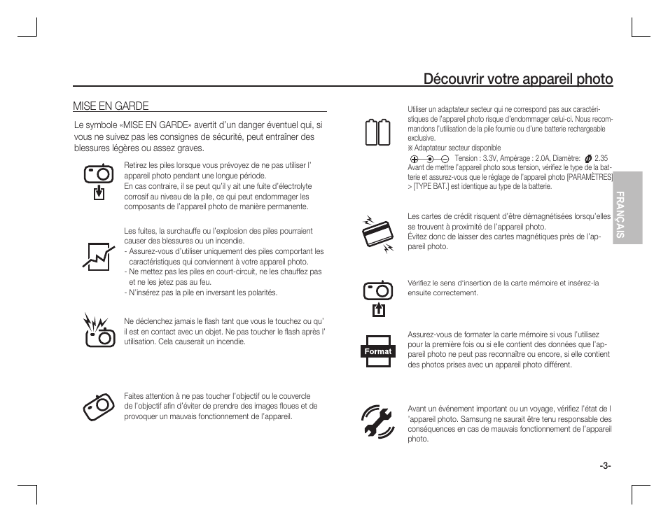 Découvrir votre appareil photo, Mise en garde | Samsung EC-S760ZBBA-US User Manual | Page 36 / 162