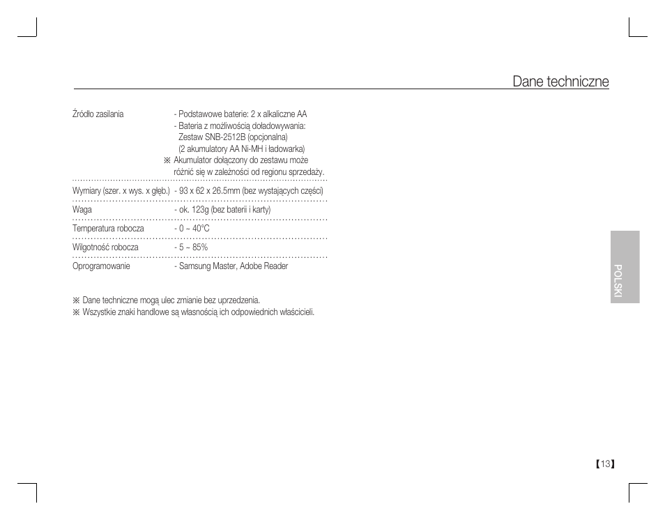Dane techniczne | Samsung EC-S760ZBBA-US User Manual | Page 78 / 162