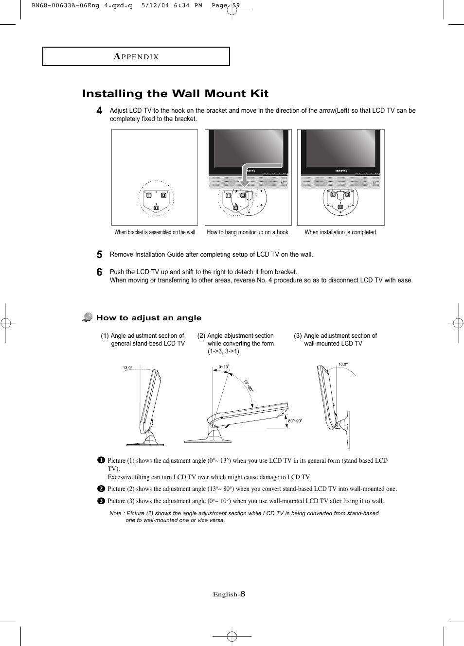 Installing the wall mount kit | Samsung LTP1545X-XAP User Manual | Page 8 / 8